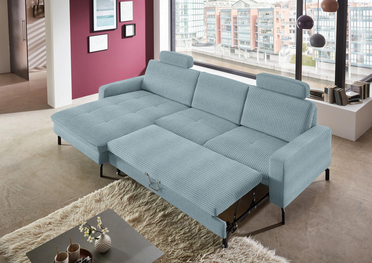 ECKSOFA in Cord Hellblau  - Schwarz/Hellblau, Design, Textil/Metall (178/302cm) - Beldomo Style