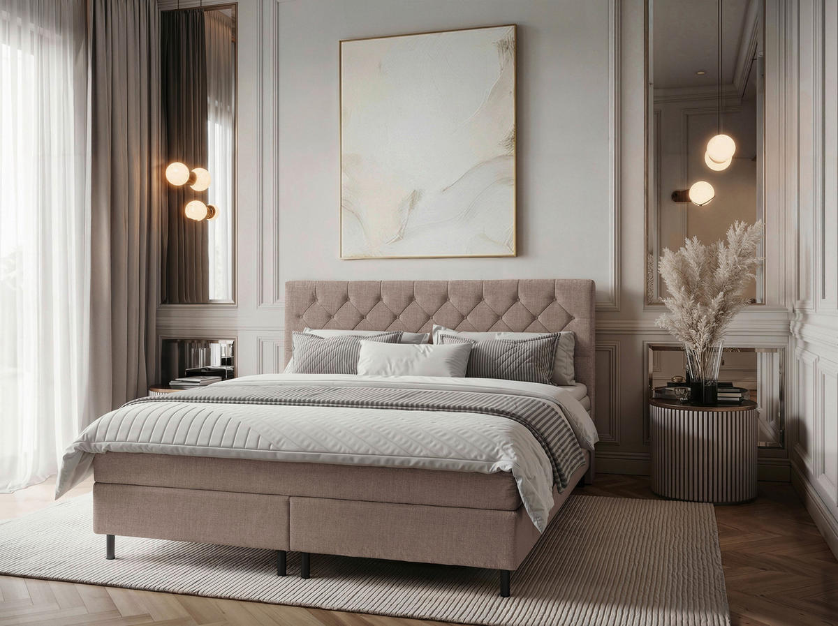 BOXSPRINGBETT 180/200 cm,  in Hellbraun, Matratze, Topper, H2 + H2 = mittel  - Hellbraun/Schwarz, KONVENTIONELL, Textil/Metall (180/200cm) - Chameo