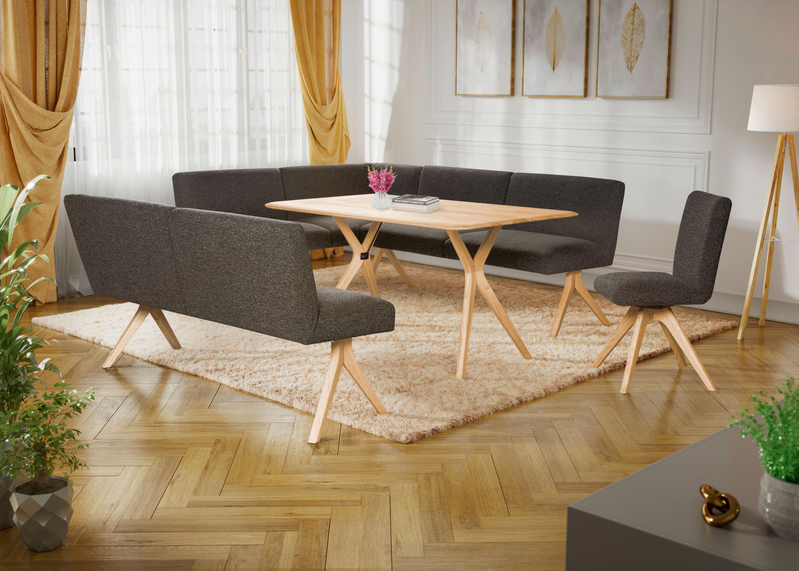ECKBANK 172/218 cm Webstoff Dunkelgrau Eiche vollmassiv   - Eichefarben/Dunkelgrau, KONVENTIONELL, Holz/Textil (172/218cm) - Linea Natura