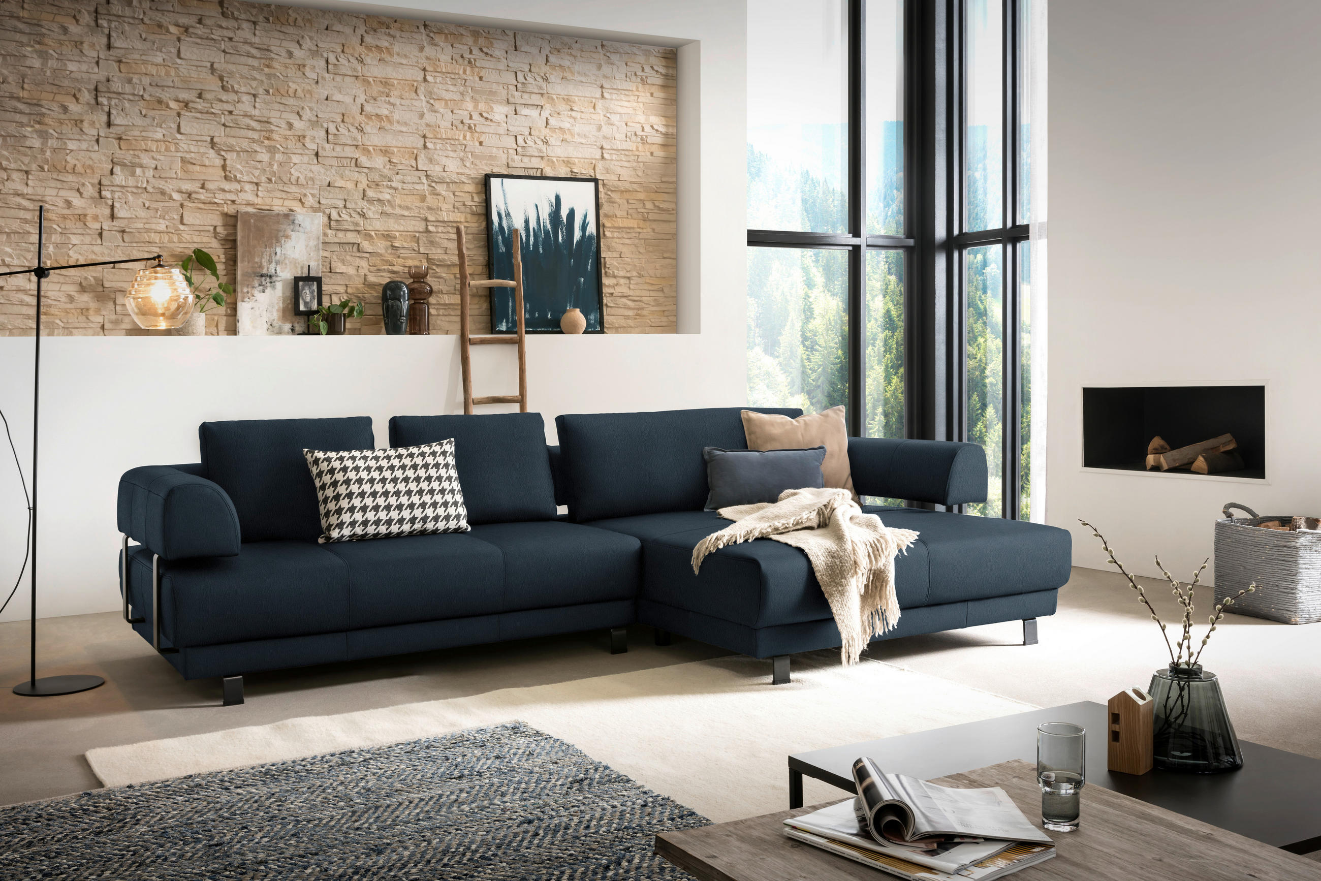 ECKSOFA in Echtleder Dunkelblau  - Schwarz/Dunkelblau, Design, Leder/Metall (307/188cm)