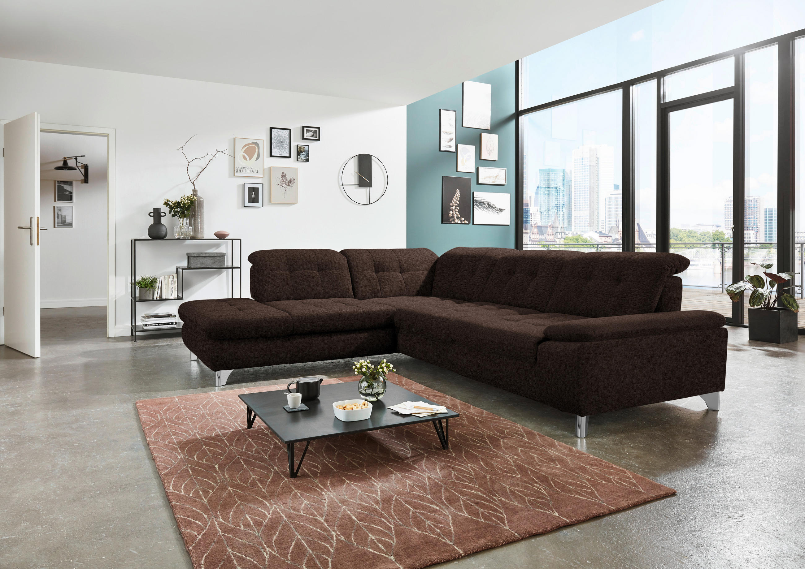 ECKSOFA in Chenille Dunkelbraun  - Chromfarben/Dunkelbraun, Design, Textil/Metall (260/310cm) - Beldomo Speed