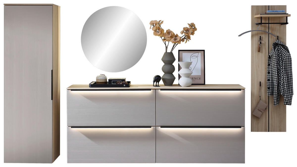GARDEROBE 5-teilig  in 327/195/37 cm  - Eichefarben/Grau, Design, Glas/Holzwerkstoff (327/195/37cm) - Voleo