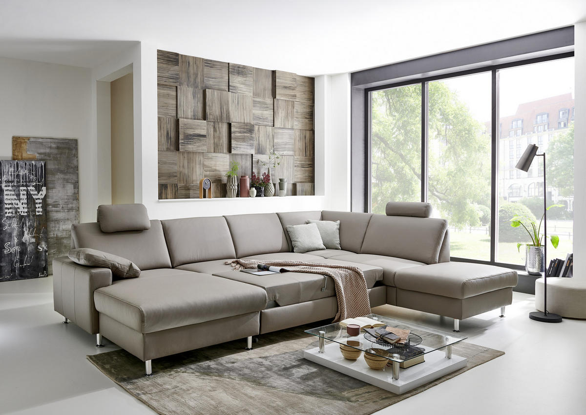 WOHNLANDSCHAFT in Echtleder Hellgrau  - Hellgrau/Alufarben, Design, Leder/Metall (165/339/233cm) - Beldomo Premium