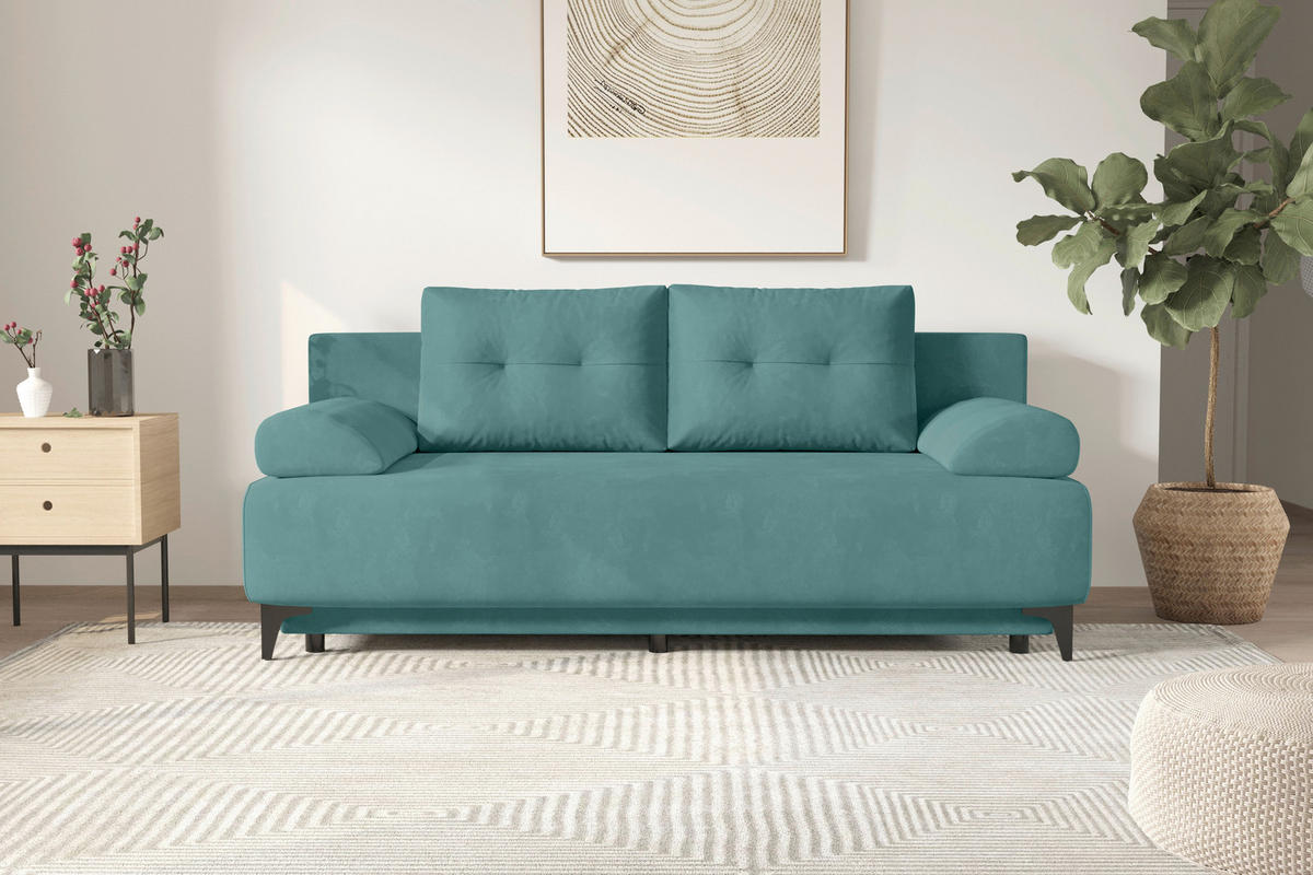 SCHLAFSOFA  mit Liegefunktion Velours Türkis  - Türkis/Schwarz, KONVENTIONELL, Textil/Metall (200/98/90cm) - Carryhome
