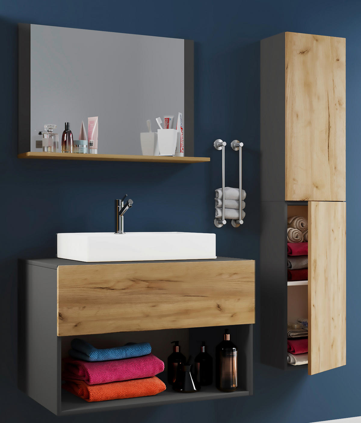 BADEZIMMER 4-teilig  in 113/64,2/51,4 cm  - Honigeiche/Anthrazit, MODERN, Keramik/Holzwerkstoff (113/64,2/51,4cm) - MID.YOU