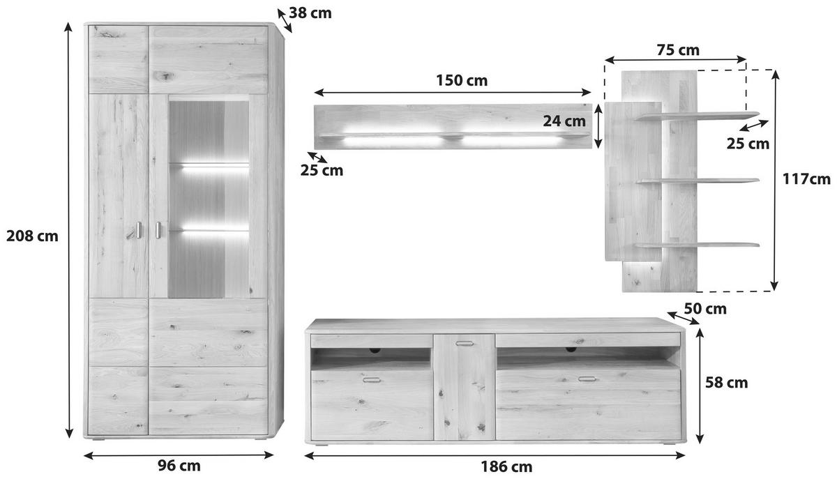 WOHNWAND  in Eichefarben 340/208/50 cm  - Eichefarben/Silberfarben, Design, Glas/Holz (340/208/50cm) - Livetastic