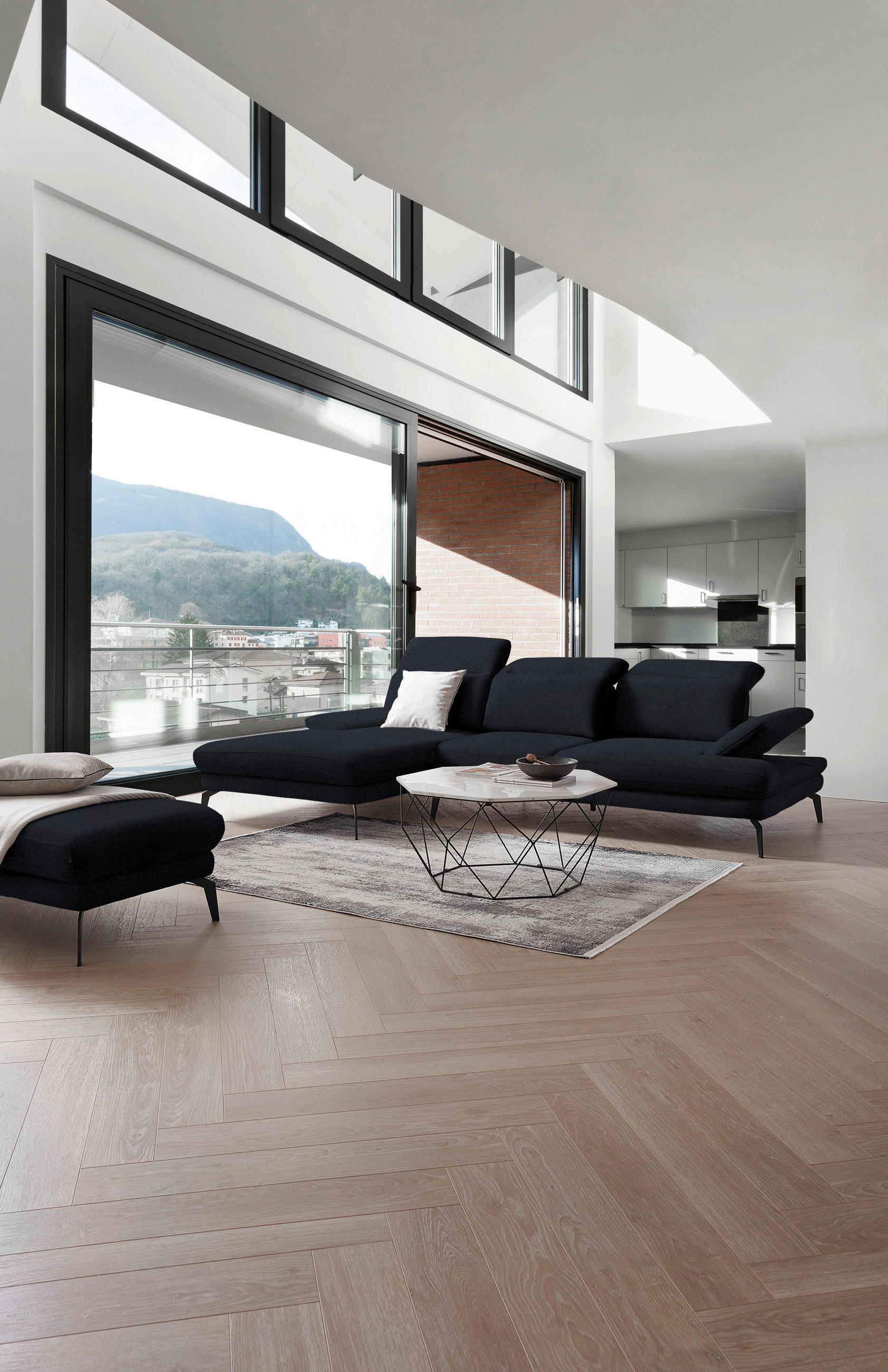 ECKSOFA Dunkelblau Chenille  - Schwarz/Dunkelblau, Design, Textil/Metall (180/289cm) - Stylife