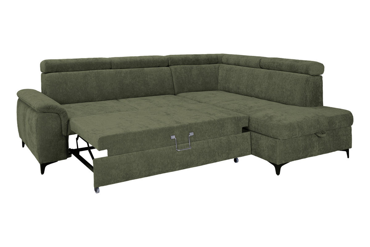 ECKSOFA Dunkelgrün Chenille Bettkasten, Schlaffunktion, Rücken echt, Kopfteilverstellung, Liegefläche im Originalstoff  - Dunkelgrün/Schwarz, KONVENTIONELL, Textil/Metall (265/206cm) - Carryhome