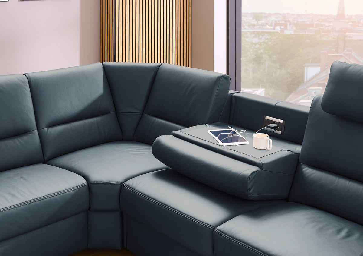 ECKSOFA Beldomo Premium Blaugrau Echtleder  - Blaugrau/Alufarben, KONVENTIONELL, Leder/Metall (262/262cm) - Beldomo Premium