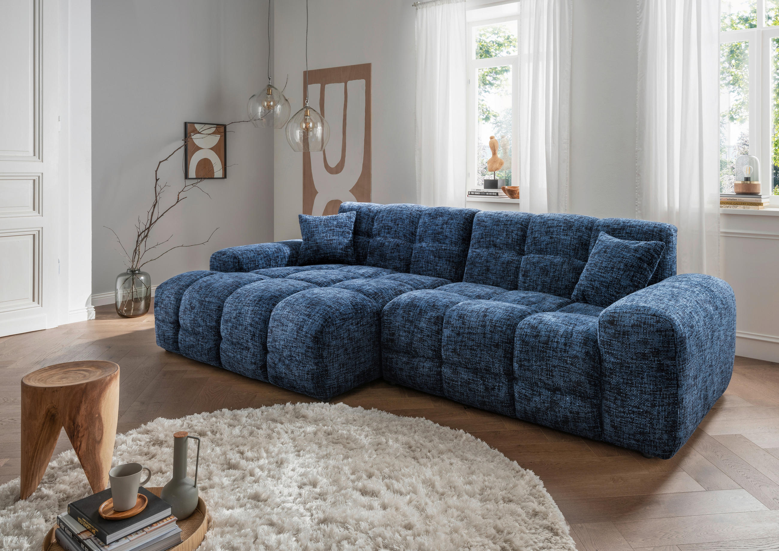 ECKSOFA in Struktur Blau  - Blau/Schwarz, Modern, Kunststoff/Textil (152/301cm) - Livetastic