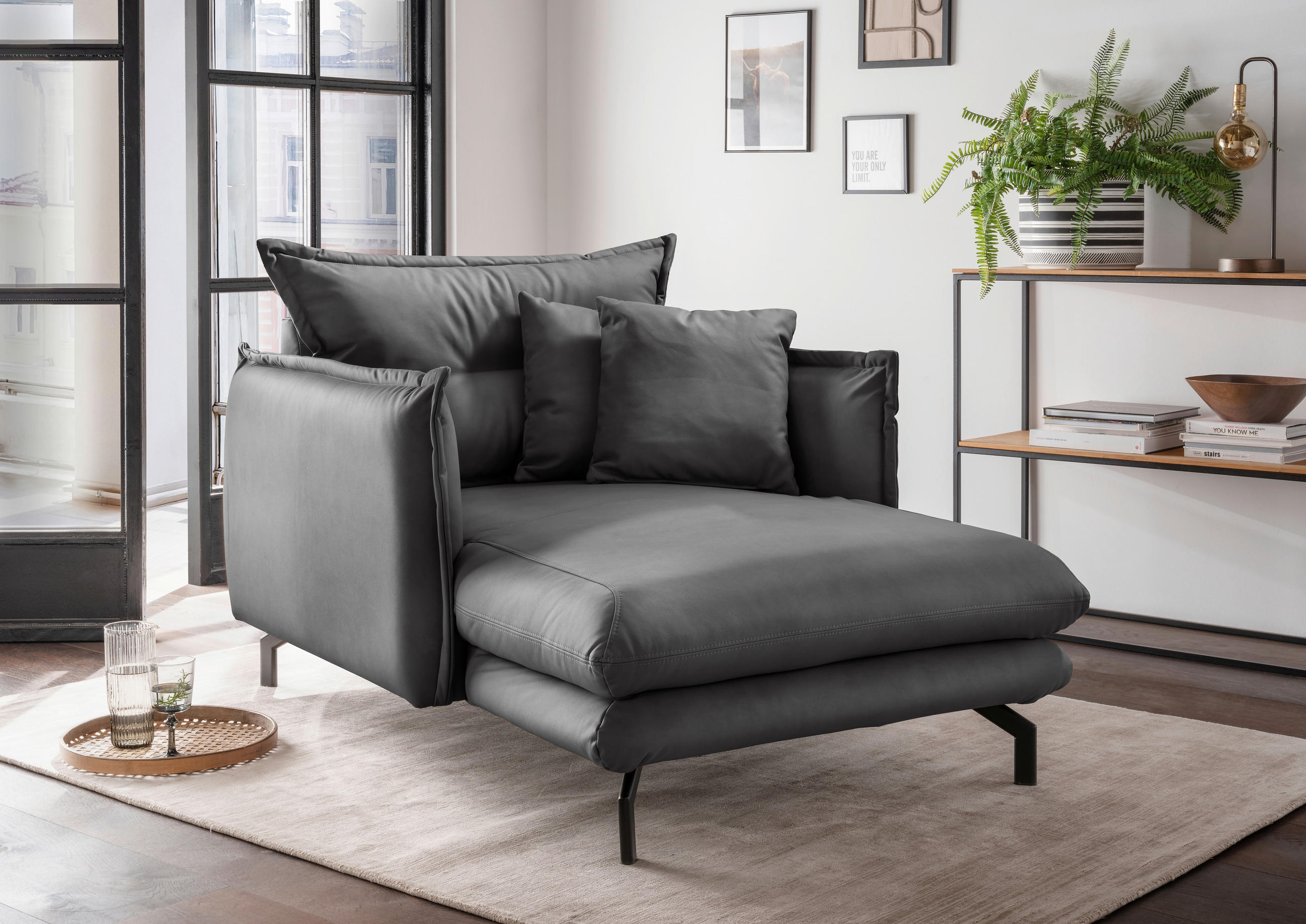 XXL-SESSEL in Lederlook Anthrazit  - Anthrazit/Schwarz, Modern, Textil/Metall (111/101/167cm) - Livetastic