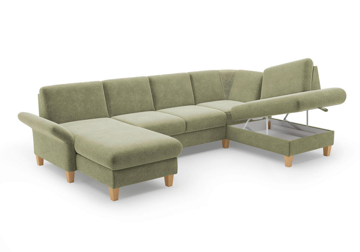 WOHNLANDSCHAFT Hellgrün Flachgewebe  - Eichefarben/Hellgrün, KONVENTIONELL, Holz/Textil (164/314/195cm) - Sit & More
