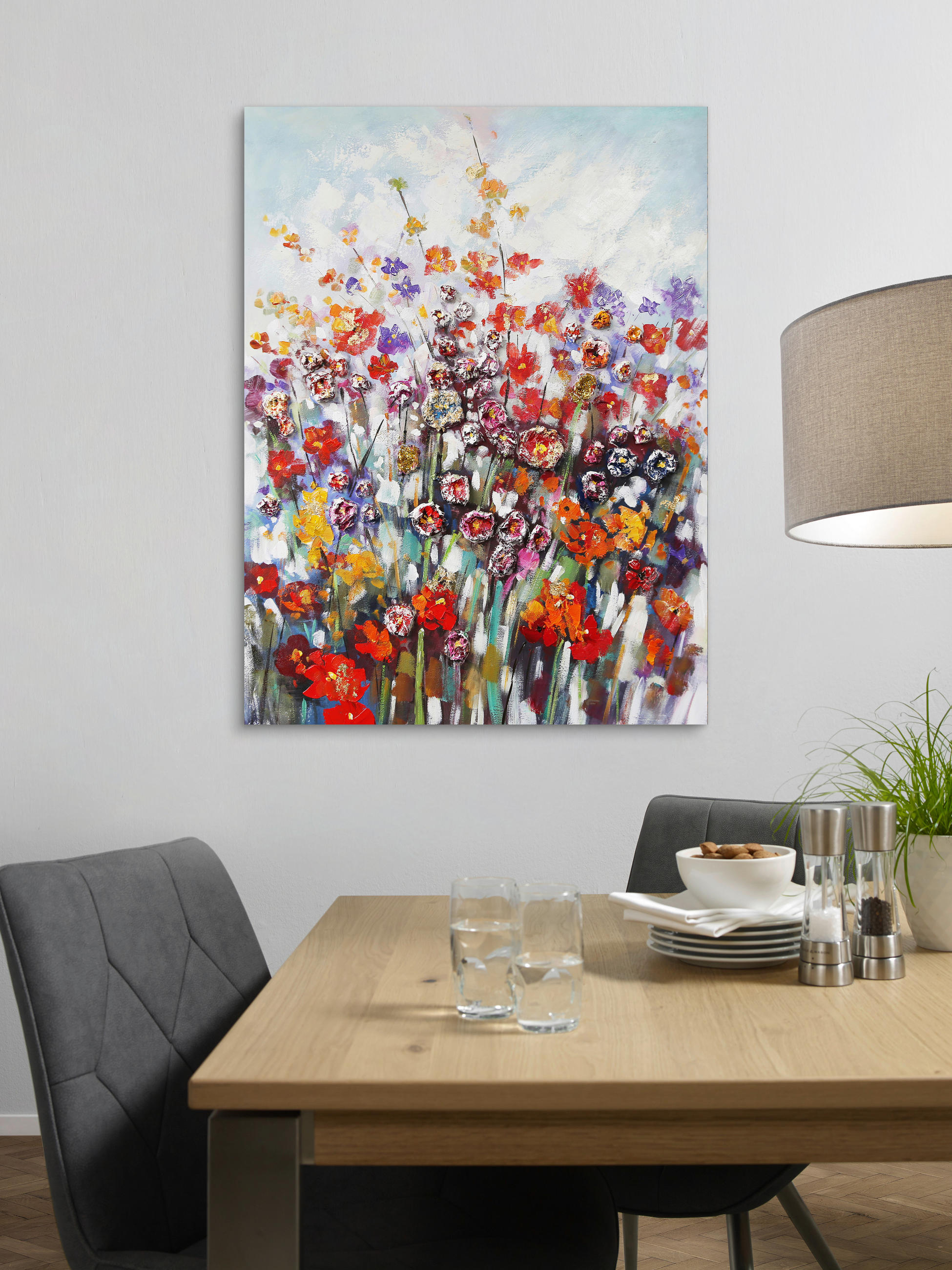 Thumbnail - Monee Ölgemälde, Blau, Lila, Rot, Weiß, Holz, Textil, Tanne,Tanne, massiv,vollmassiv, rechteckig, 90x120 cm, handgemalt,...