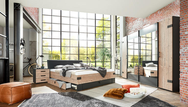SÄNG MED FÖRVARING 180/200 cm  i grafitfärgad, granfärgad   - granfärgad/grafitfärgad, Trend, trämaterial/textil (180/200cm) - MID.YOU