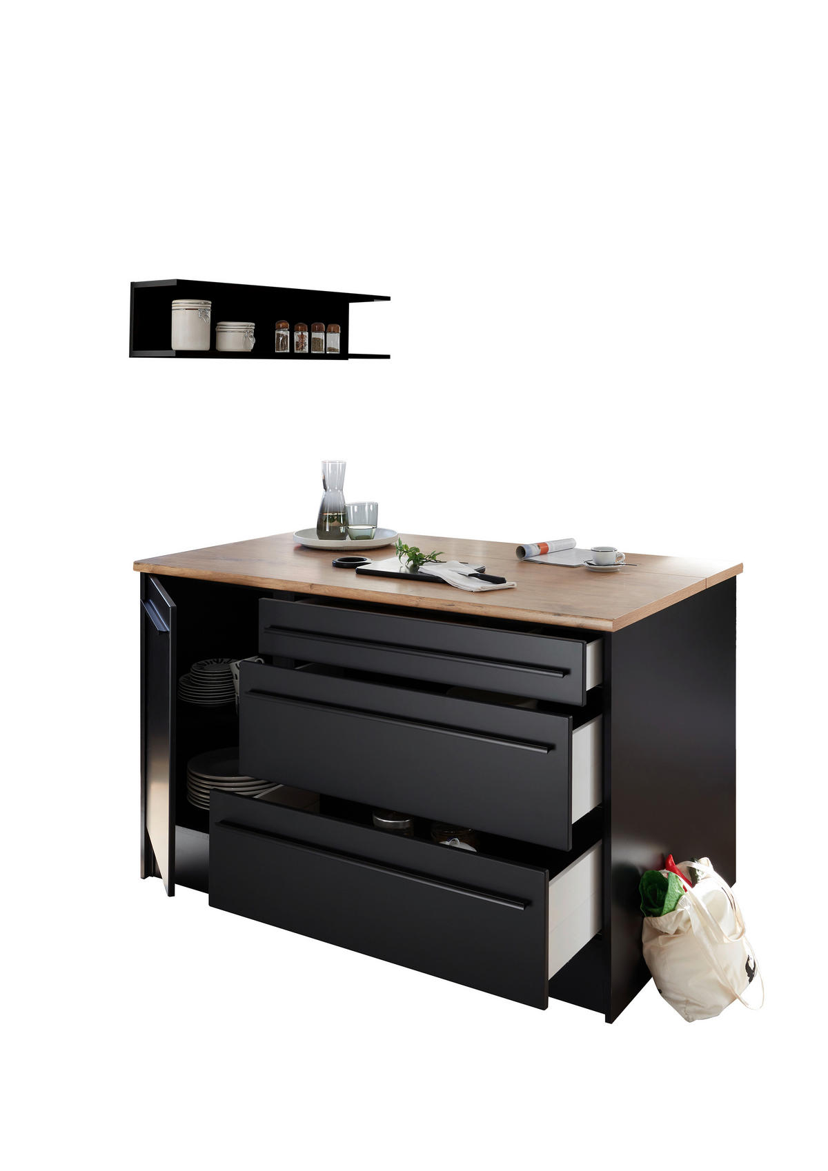 KÜCHENINSEL 145/90/90 cm  in Schwarz, Eichefarben  - Eichefarben/Schwarz, KONVENTIONELL, Holzwerkstoff/Kunststoff (145/90/90cm) - P & B