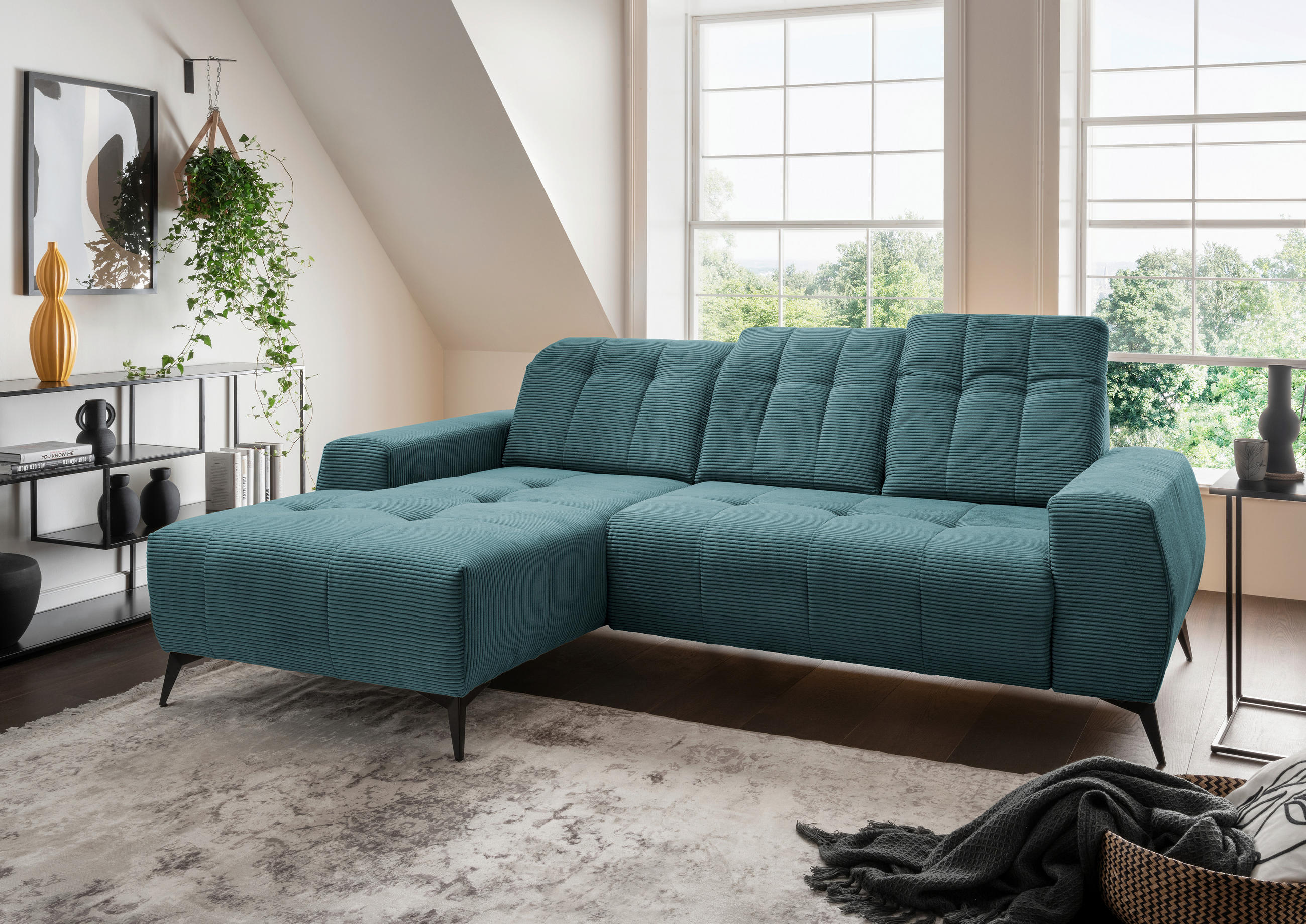 ECKSOFA Petrol Cord  - Petrol/Schwarz, MODERN, Textil/Metall (180/258cm) - Livetastic