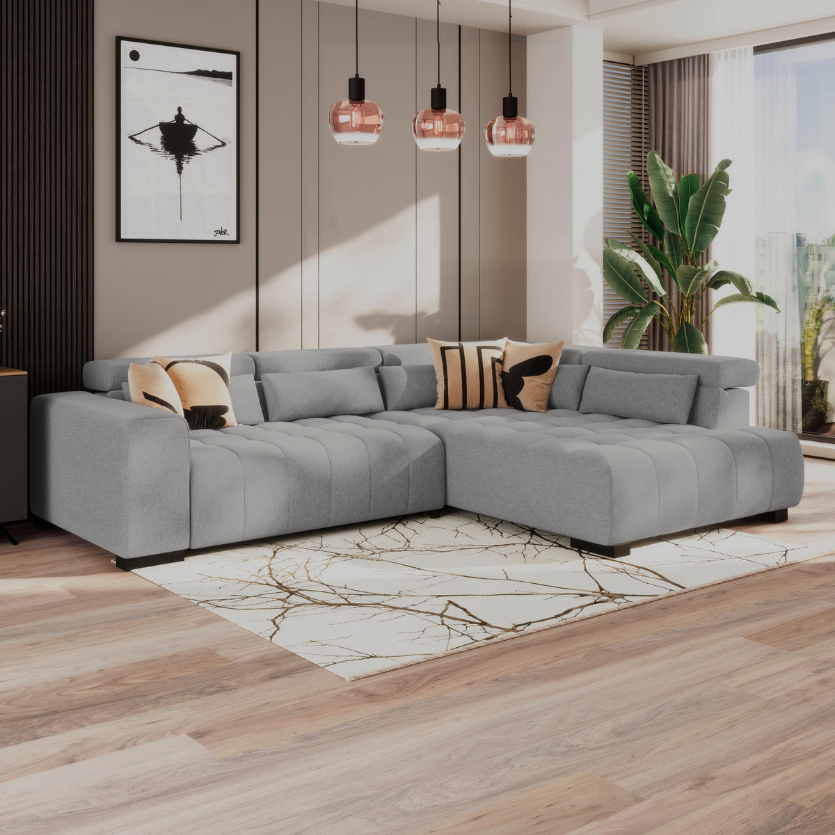 ECKSOFA MATERA Dunkelgrau Chenille, Struktur Nierenkissen, Kopfteilverstellung, Sitzvorzug  - Dunkelgrau/Schwarz, Trend, Holz/Textil (311/226cm) - MID.YOU