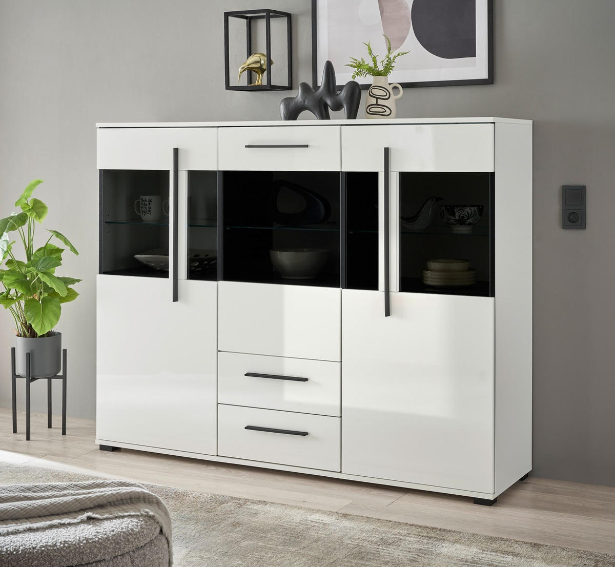HIGHBOARD  160/126/42 cm 2 Schublade(n)  - Eichefarben/Weiß Hochglanz, Design, Glas/Holzwerkstoff (160/126/42cm) - Livetastic