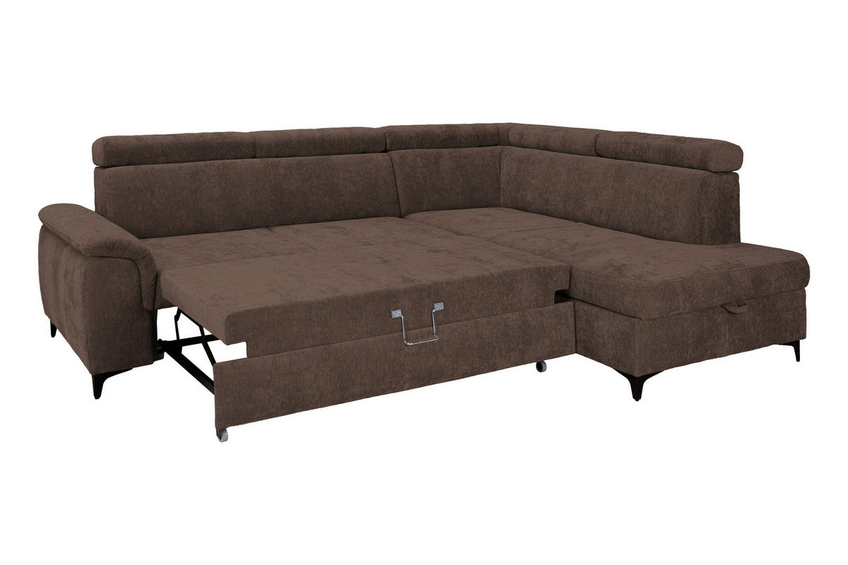 ECKSOFA Dunkelbraun Chenille Bettkasten, Schlaffunktion, Rücken echt, Kopfteilverstellung, Liegefläche im Originalstoff  - Dunkelbraun/Schwarz, KONVENTIONELL, Textil/Metall (265/206cm) - Carryhome