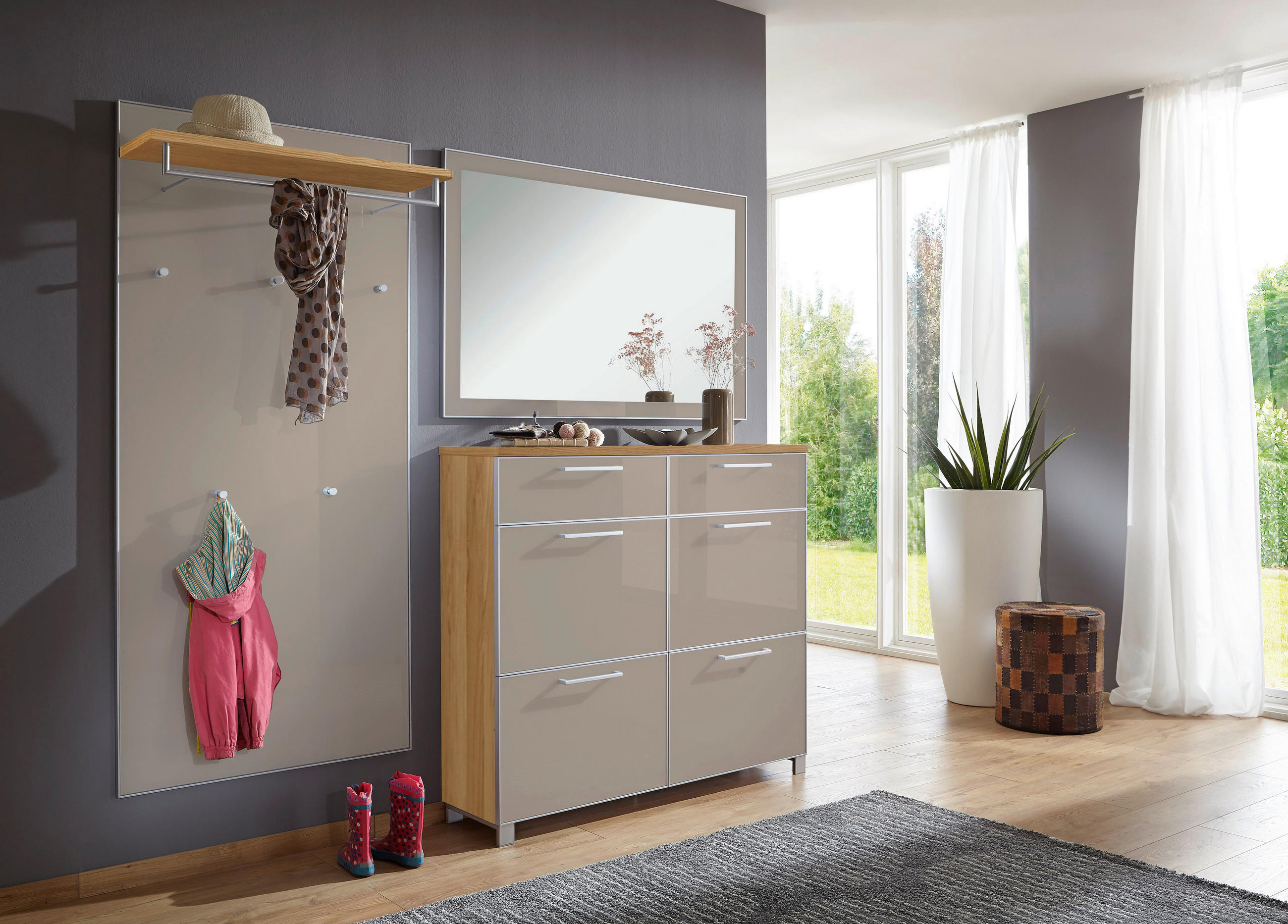 GARDEROBE Taupe, Eichefarben - Taupe/Eichefarben, Design, Glas/Holz (210/195/31cm)