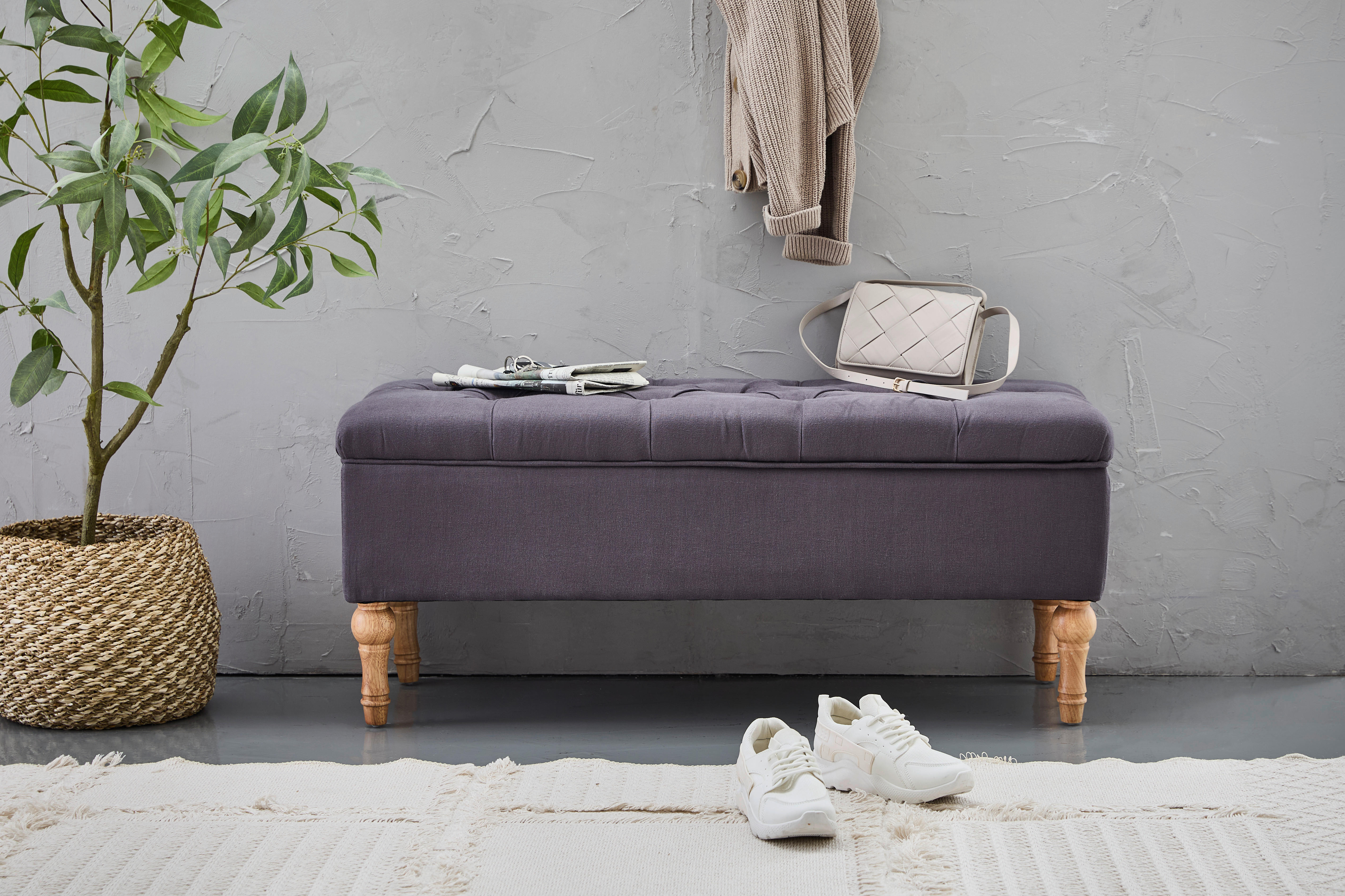 HOCKERBANK 108/45/43 cm Samt Grau, Schwarz Birke, Kiefer massiv, Sperrholz  - Schwarz/Grau, Design, Holz/Textil (108/45/43cm) - MID.YOU
