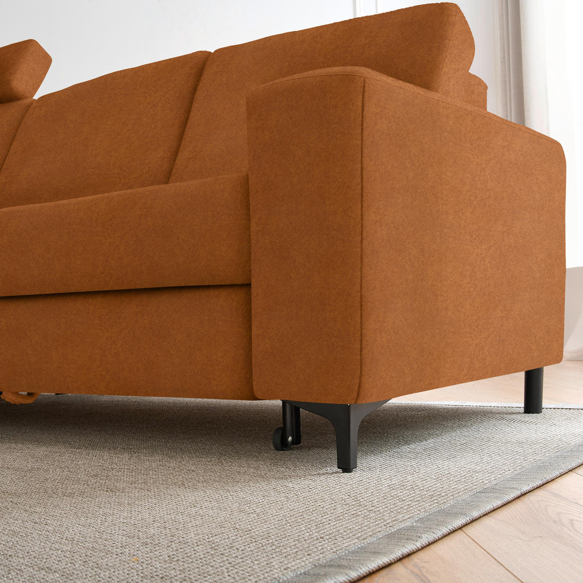 ECKSOFA in Velours Cognac  - Cognac/Schwarz, Konventionell, Textil/Metall (167/247cm) - Stylife