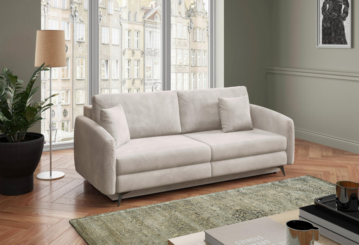SCHLAFSOFA INGRID  mit Plüsch Creme  - Creme/Schwarz, Design, Textil/Metall (230/100/103cm) - Livetastic