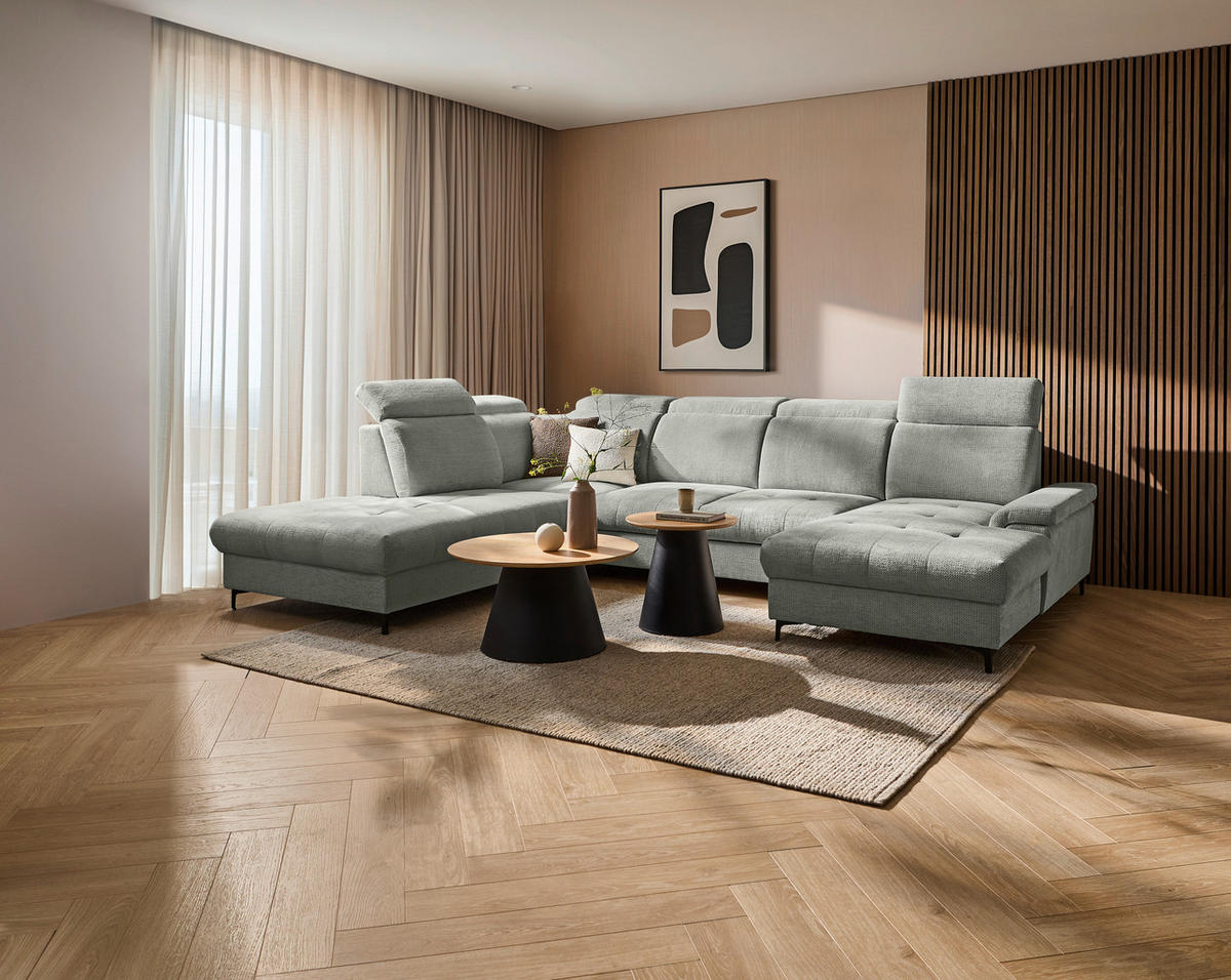 WOHNLANDSCHAFT Grau, Hellgrau Struktur  - Hellgrau/Schwarz, Design, Textil/Metall (270/364/190cm) - Stylife