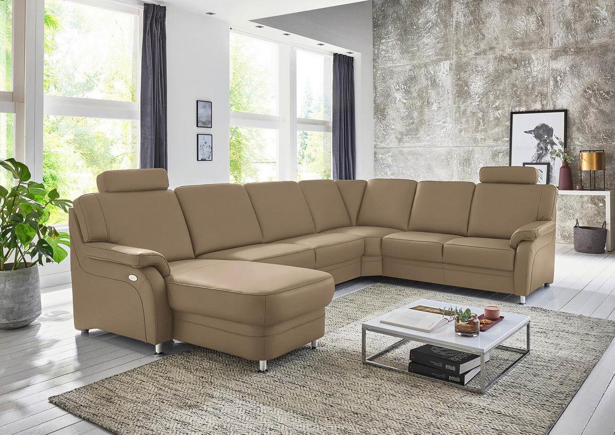 WOHNLANDSCHAFT Echtleder Khaki  - Khaki/Alufarben, Konventionell, Leder/Metall (165/329/239cm) - Beldomo Premium