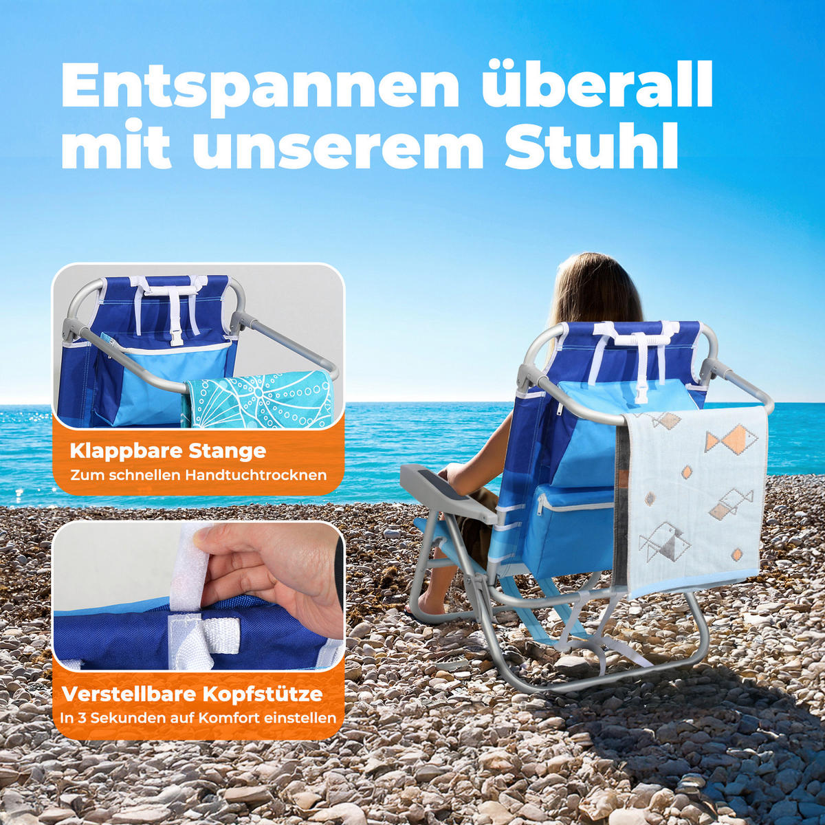 STRANDSTUHL Aluminium Blau, Hellblau  - Blau/Hellblau, Basics, Textil/Metall (57/80/61cm) - Modante