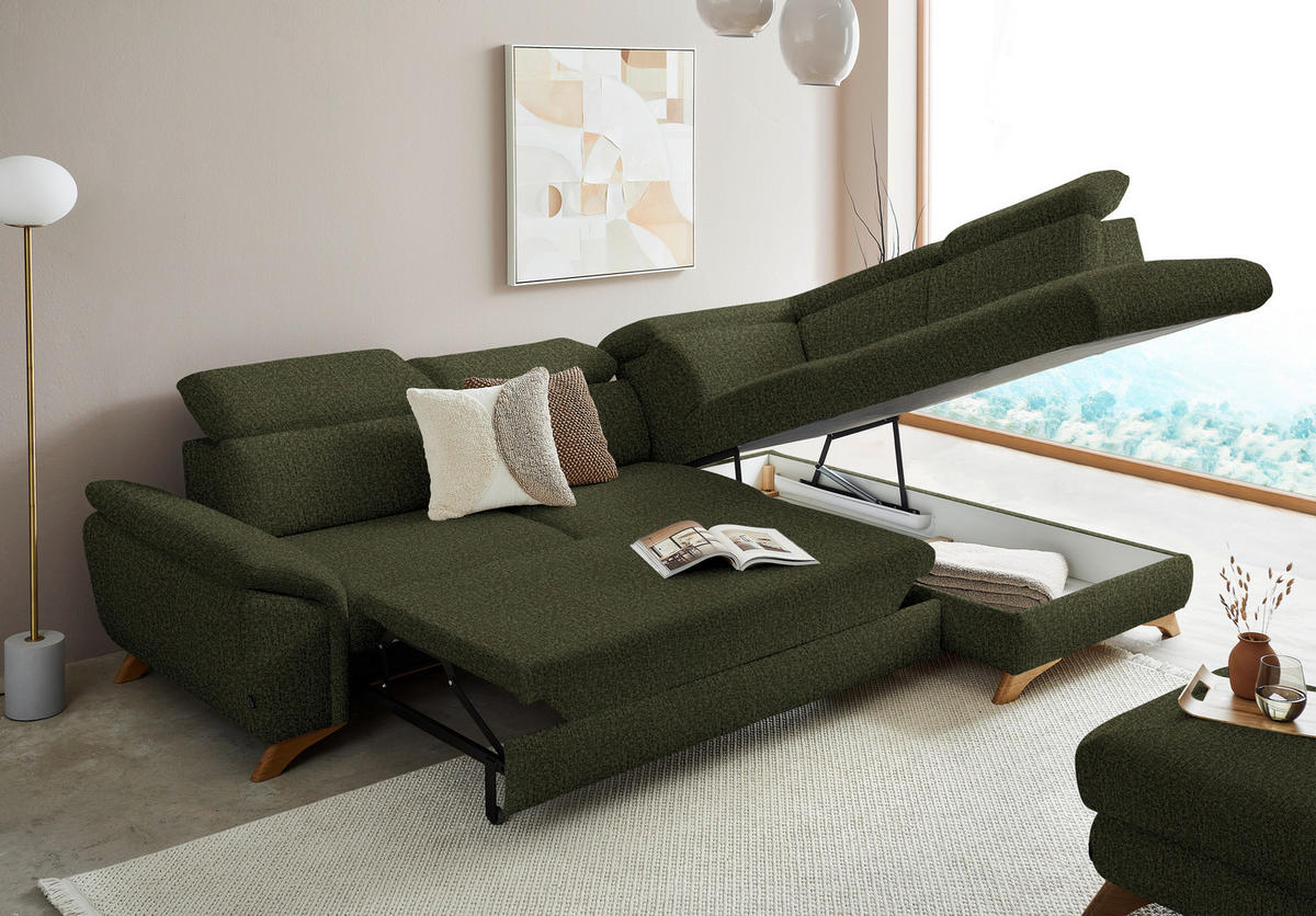 ECKSOFA in Chenille Olivgrün  - Eichefarben/Olivgrün, Modern, Holz/Textil (287/212cm) - Valnatura