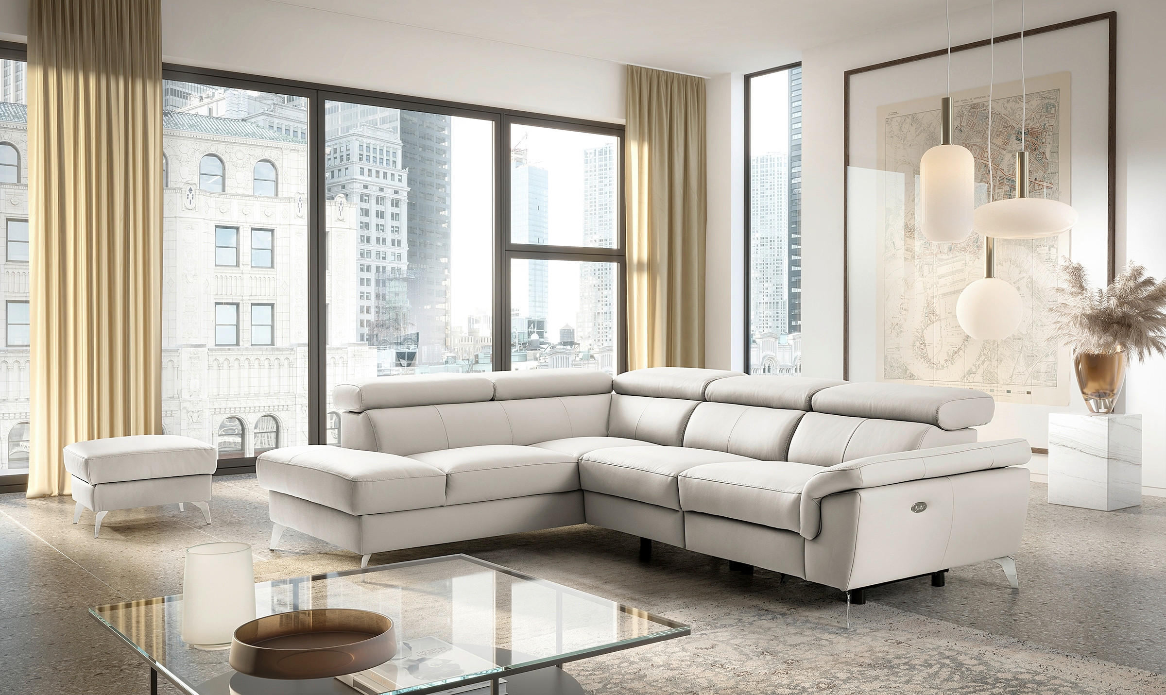 ECKSOFA SONO in Lederlook Echtleder Platinfarben Bettkasten, Armteilverstellung, Kopfteilverstellung  210/265 cm  - Platinfarben/Chromfarben, Design, Leder/Textil (210/265cm) - Livetastic