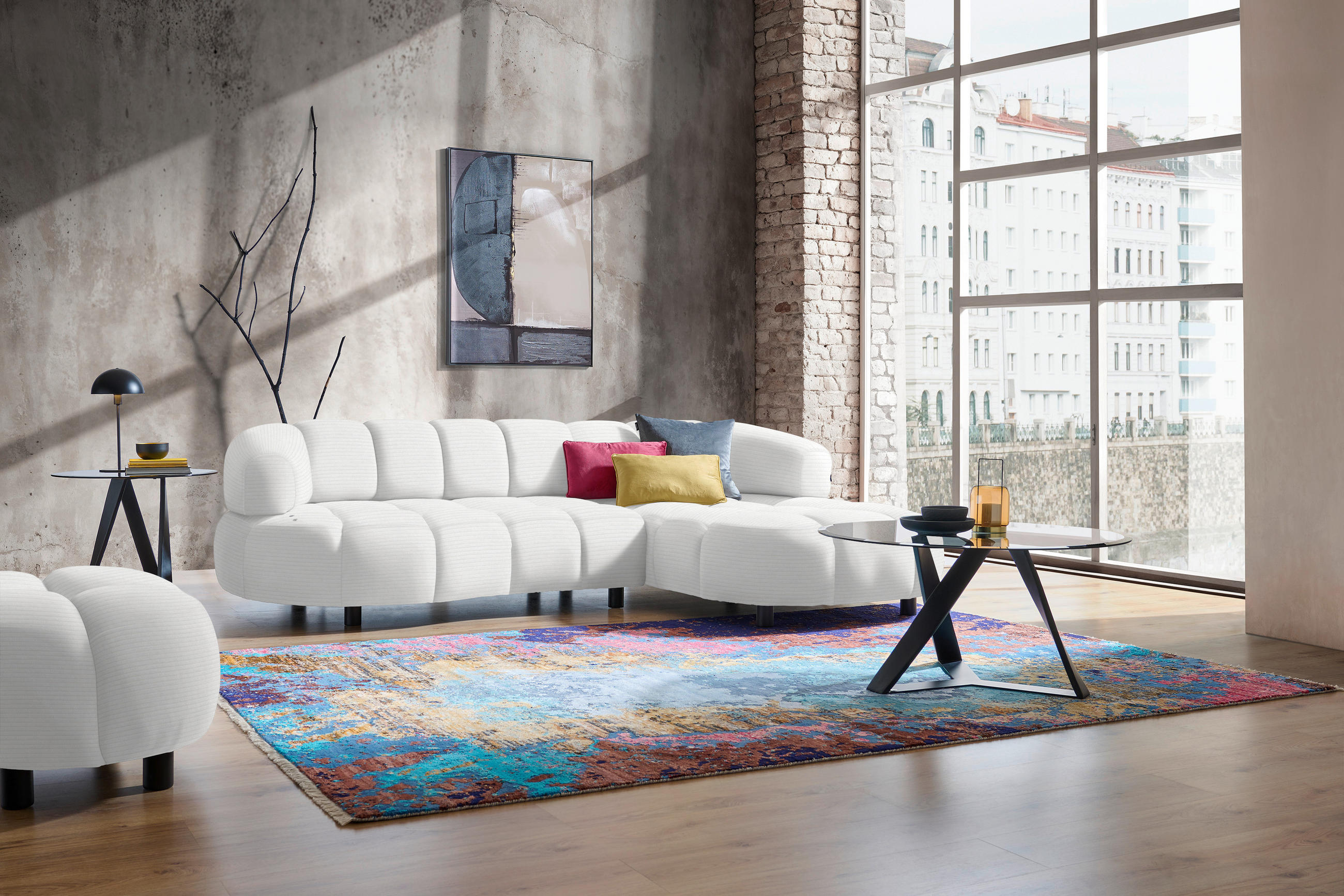 ECKSOFA in Cord, Velours Ecru  284/183 cm  - Ecru/Schwarz, Design, Holz/Textil (284/183cm) - Welnova