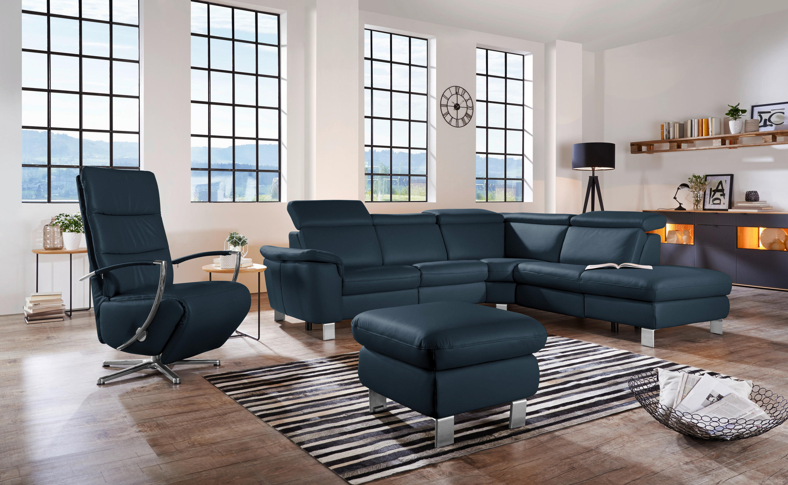 ECKSOFA in Echtleder Dunkelblau  - Alufarben/Dunkelblau, Design, Leder/Metall (271/239cm) - Cantus