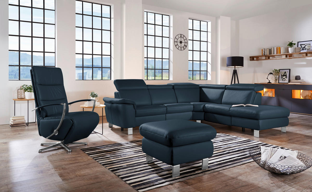ECKSOFA in Echtleder Dunkelblau  - Alufarben/Dunkelblau, Design, Leder/Metall (271/239cm) - Cantus