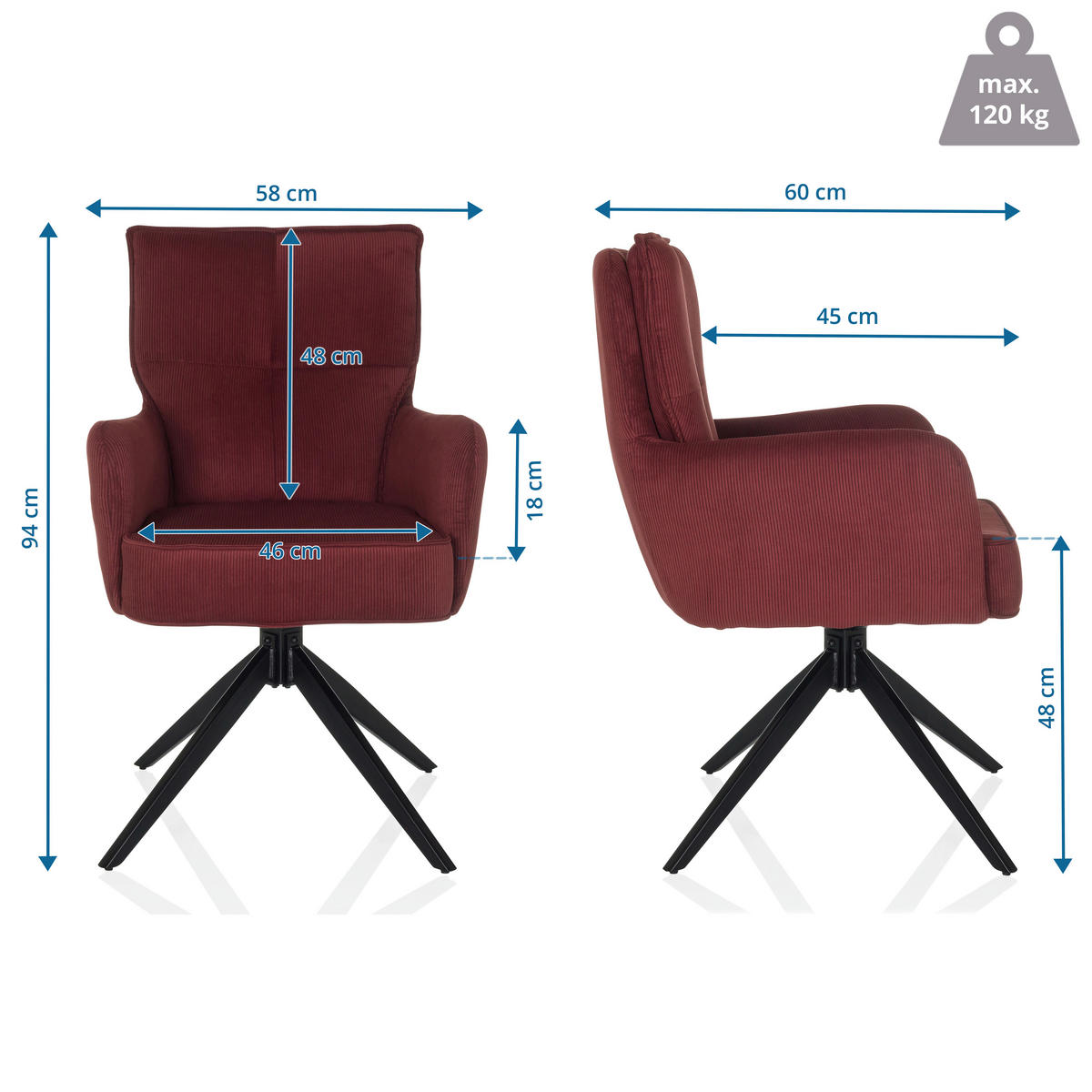 ARMLEHNSTUHL  in Cord  - Rot/Schwarz, MODERN, Textil/Metall (58/94/60cm) - MID.YOU