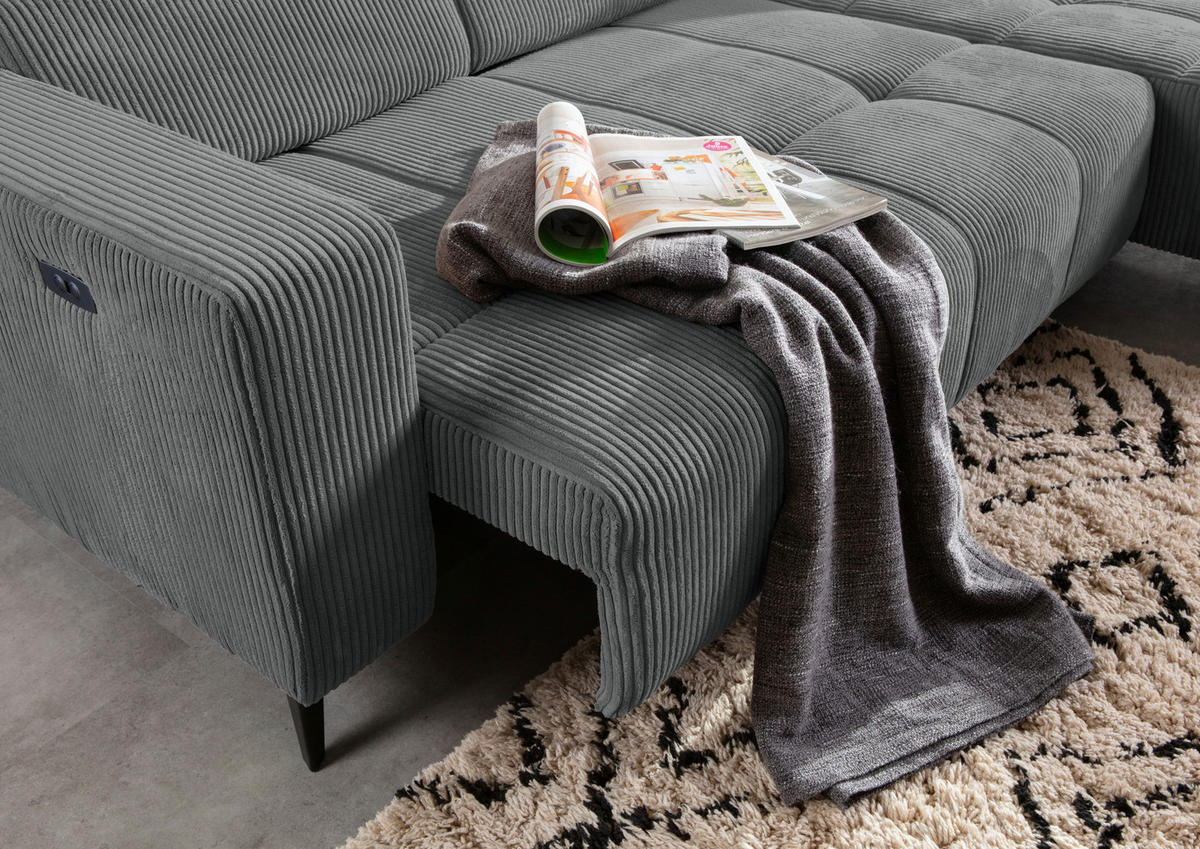 ECKSOFA Dunkelgrau Cord Rücken echt, Kopfteilverstellung, Sitzvorzug  - Dunkelgrau/Schwarz, KONVENTIONELL, Textil/Metall (257/170cm) - Carryhome