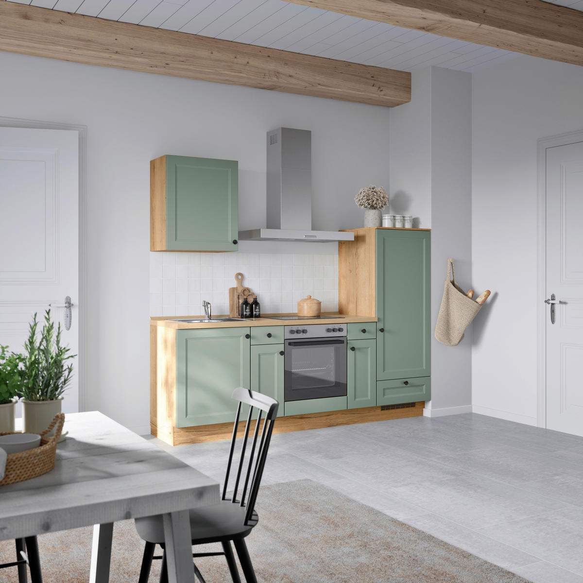 KÜCHENBLOCK Cascada 240 cm  in Grün, Eichefarben  - Eichefarben/Schwarz, MODERN, Holzwerkstoff/Metall (240cm) - Nobilia