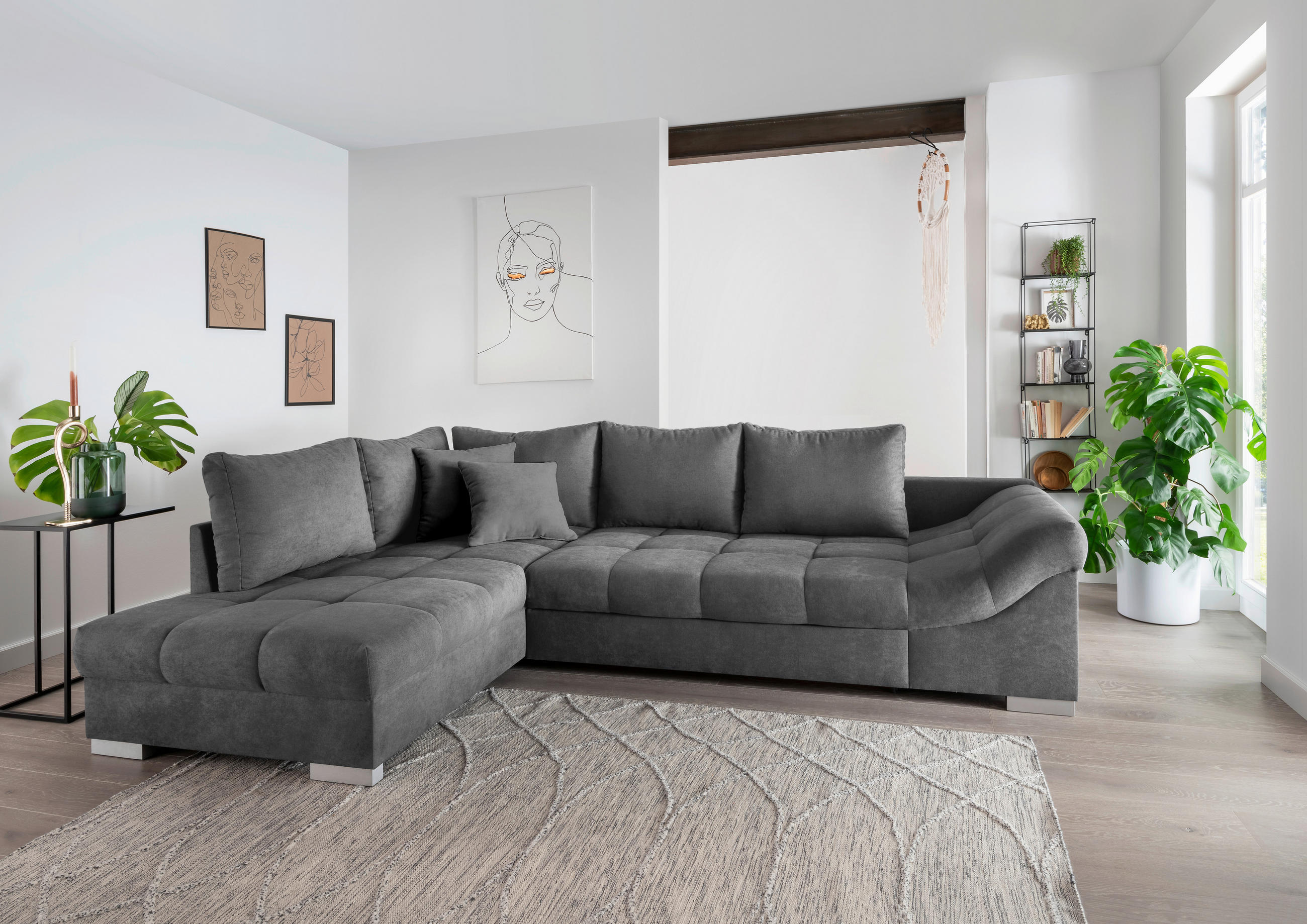 ECKSCHLAFSOFA Dunkelgrau Mikrofaser  - Dunkelgrau/Silberfarben, Design, Holz/Textil (202/298cm) - MID.YOU