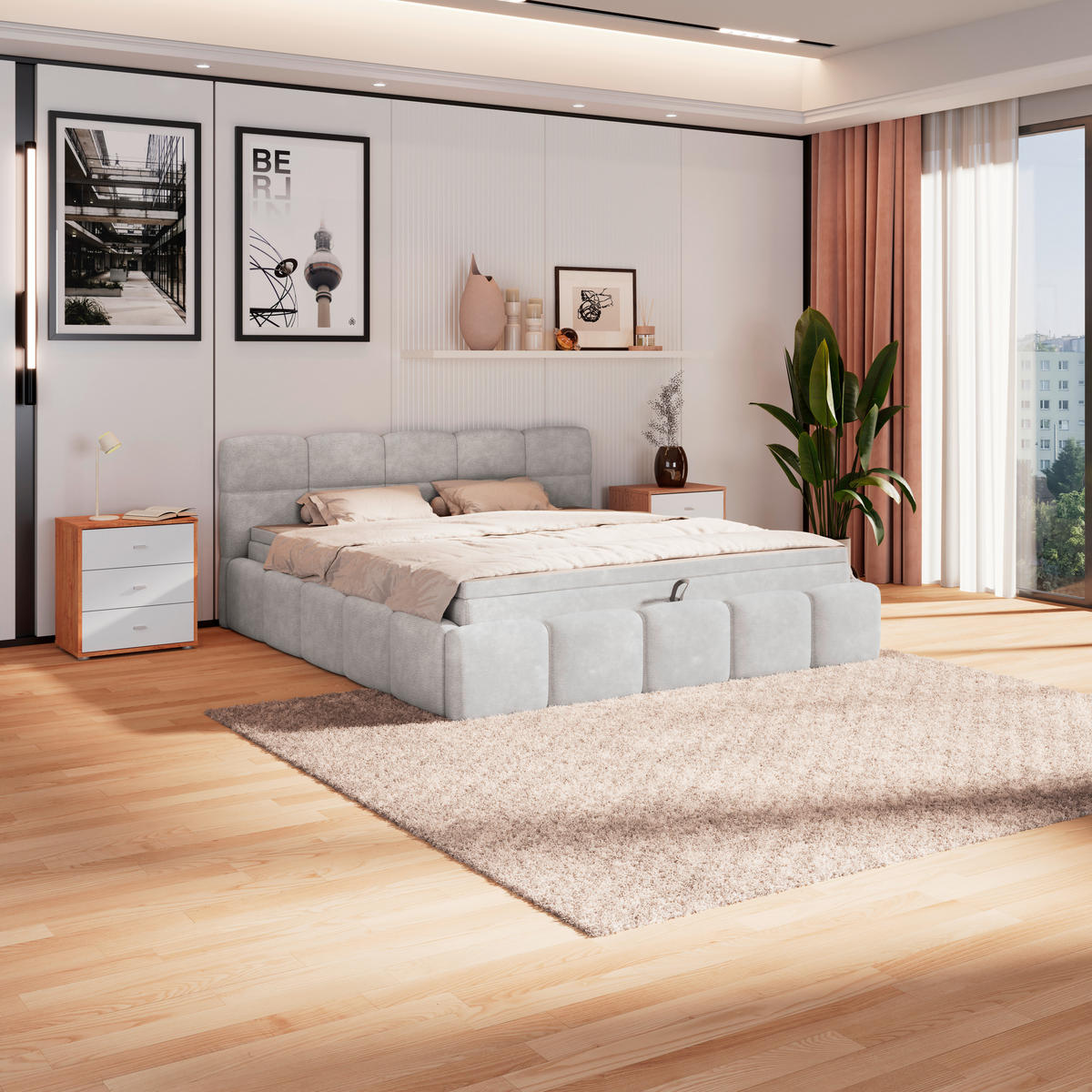 POLSTERBETT 160/200 cm,  in Hellgrau, Matratze, Bettkasten, H3 = fest  - Hellgrau/Schwarz, Trend, Kunststoff/Textil (160/200cm)