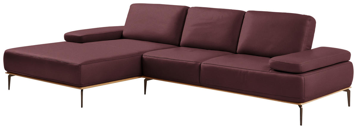 ECKSOFA in Echtleder Bordeaux  - Bordeaux/Bronzefarben, Design, Leder/Holz (176/314cm) - Valnatura