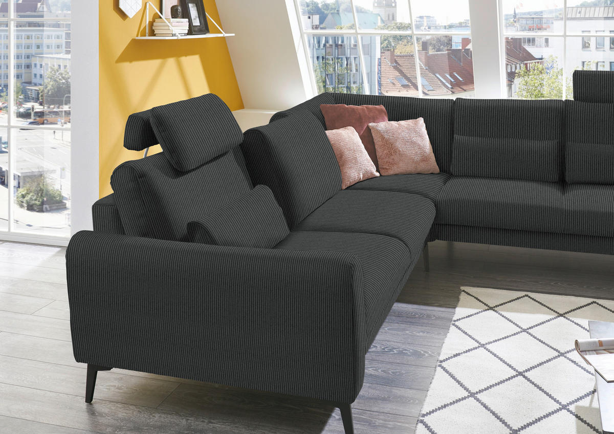 ECKSOFA in Velours, Feincord Anthrazit  - Anthrazit/Schwarz, Design, Textil/Metall (280/254cm) - Beldomo Style