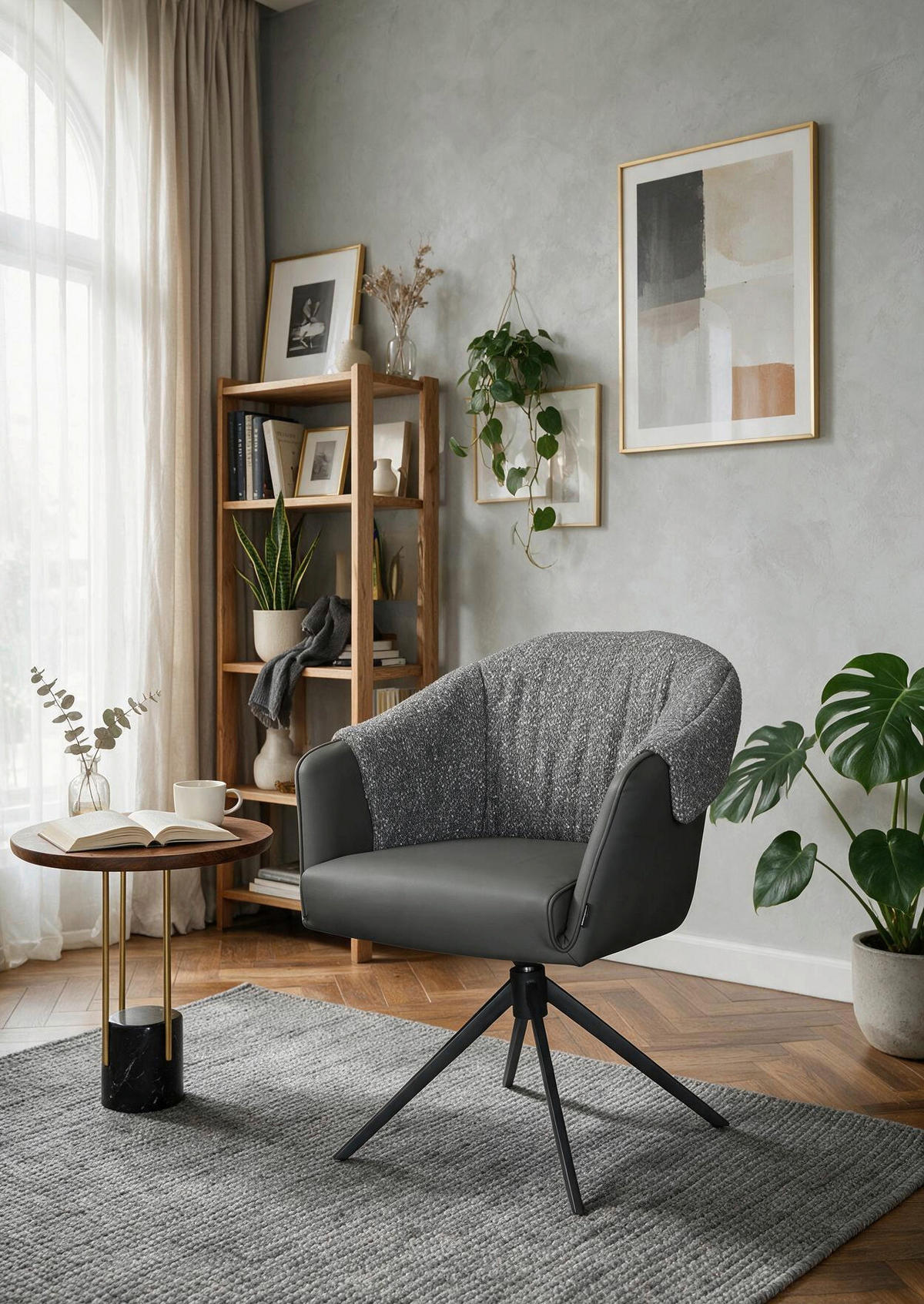 ARMLEHNSTUHL  Sitzfläche 360° drehbar, automatische Rückholfunktion Lederlook, Leinenoptik  Grau, Schwarz  - Schwarz/Grau, Design, Textil/Metall (68,5/83/65,5cm) - Carryhome