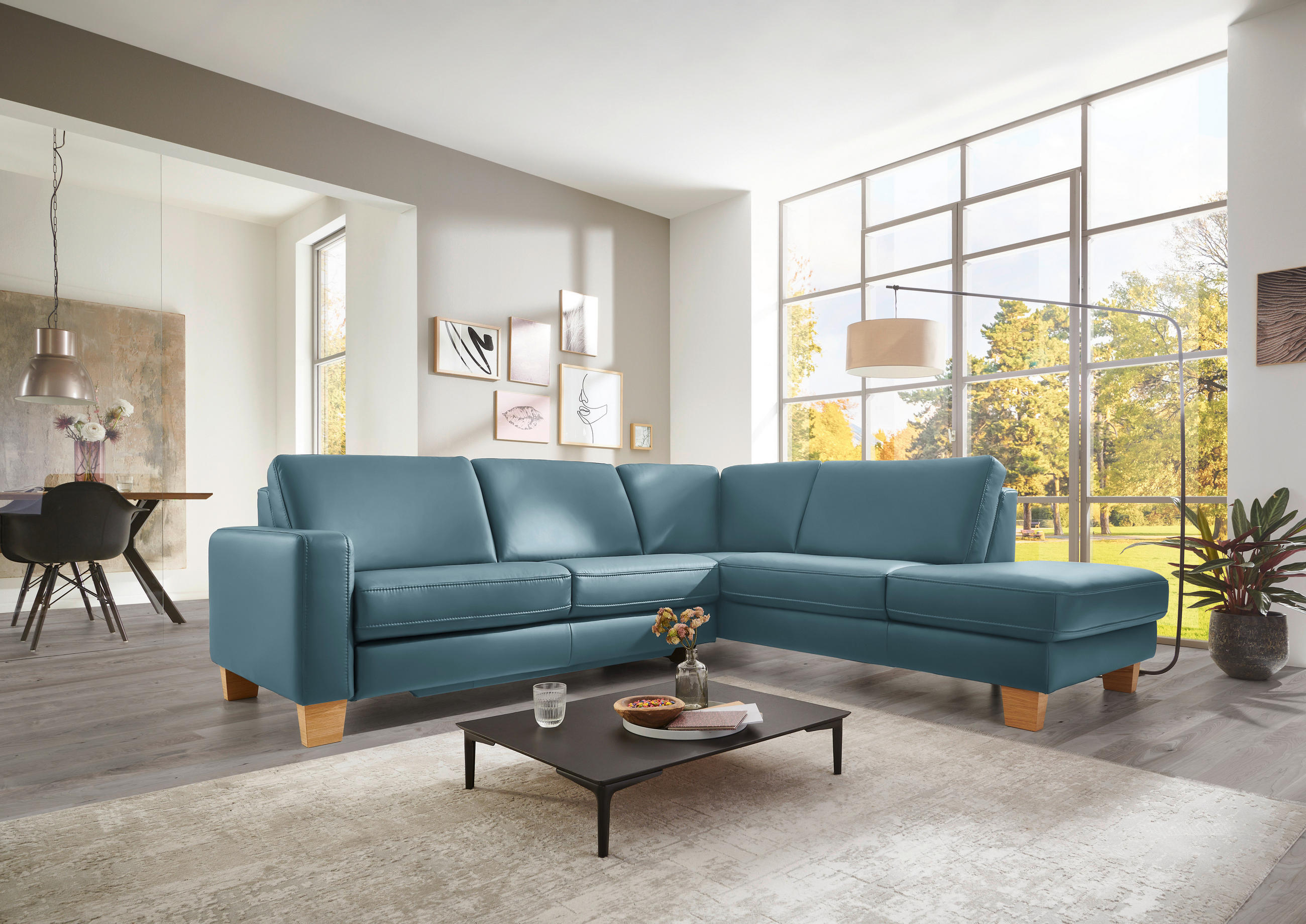 ECKSOFA in Echtleder Blau  - Blau/Eiche Bianco, Natur, Leder/Holz (257/235cm) - Valdera
