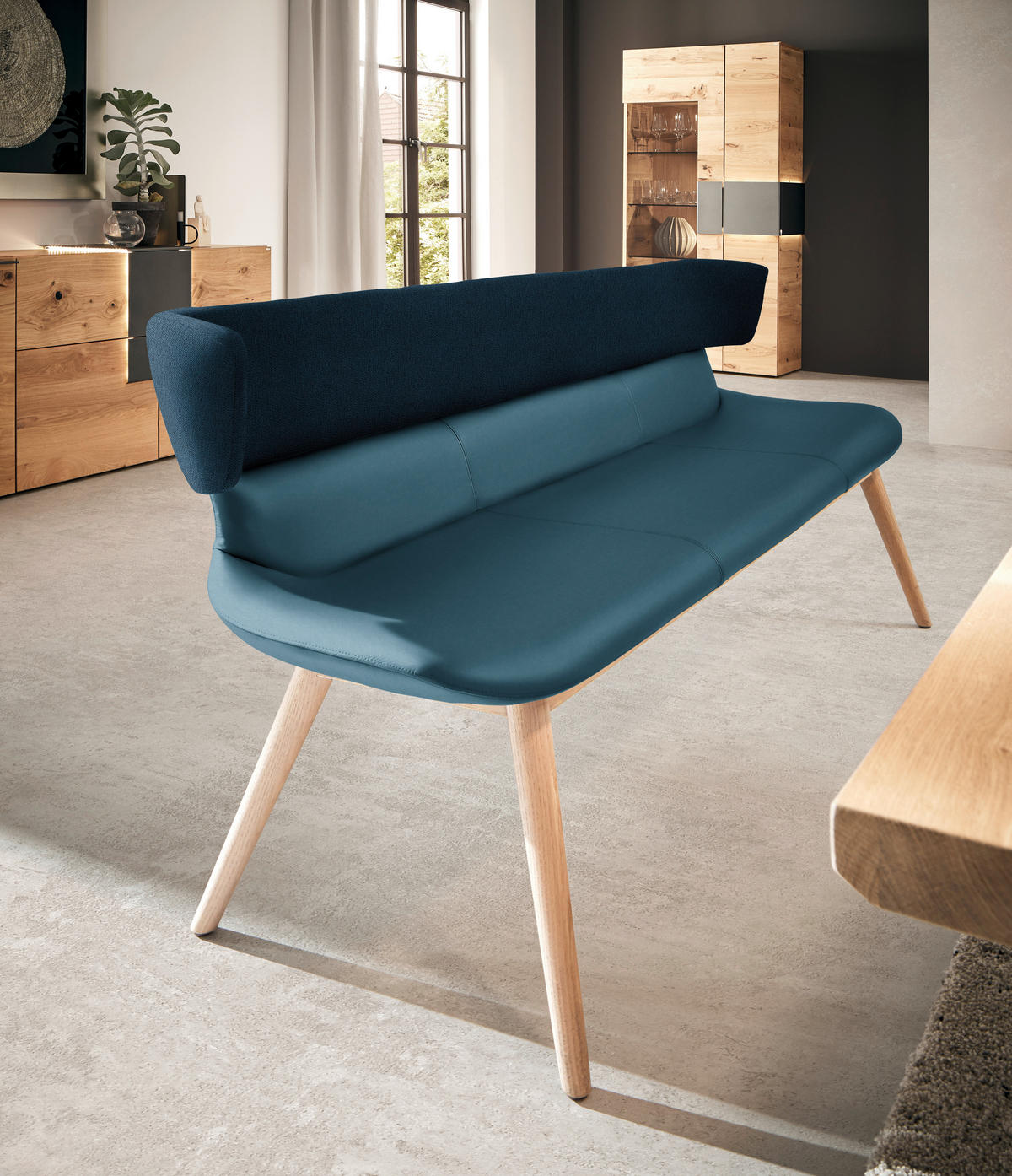 SITZBANK 150/84,5/64,5 cm  in Blau, Eichefarben  - Blau/Eichefarben, Natur, Leder/Holz (150/84,5/64,5cm) - Voglauer