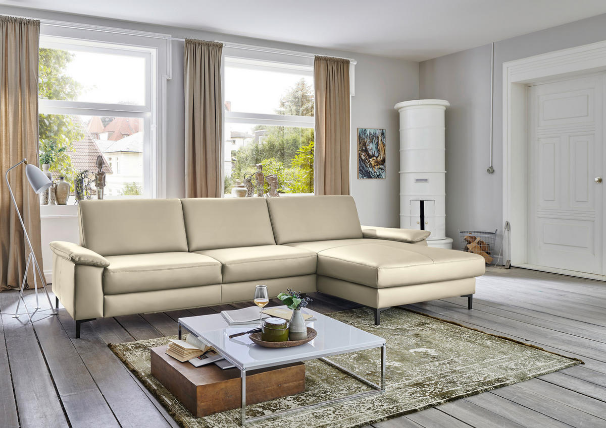 ECKSOFA in Echtleder Creme, Naturfarben  - Creme/Schwarz, Design, Leder/Metall (334/176cm) - Dieter Knoll