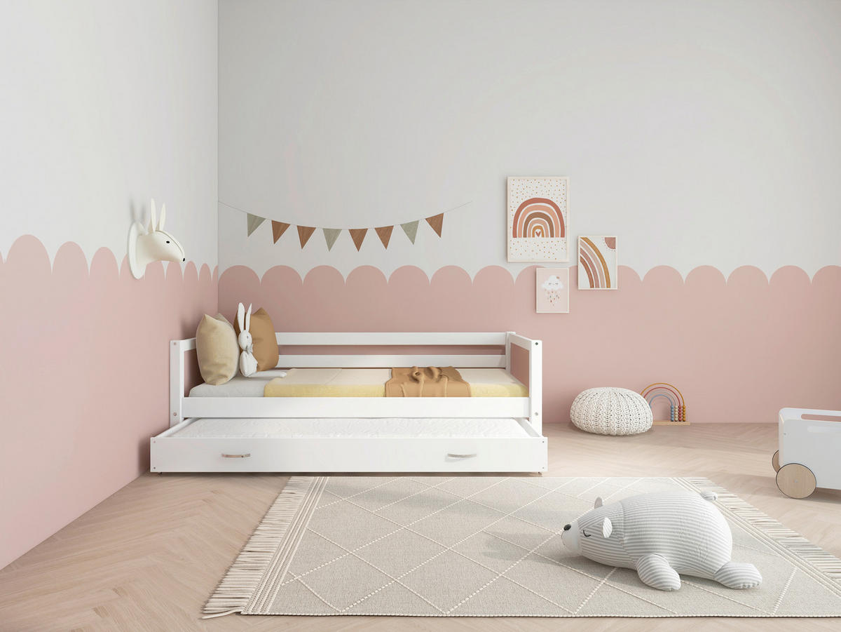 AUSZIEHBETT 90/200 cm,  in Rosa, Weiß, Bettschubladen, Rollrost für Zusatzbett, Rollrost für Hauptbett  - Rosa/Weiß, MODERN, Holz (90/200cm) - Chameo
