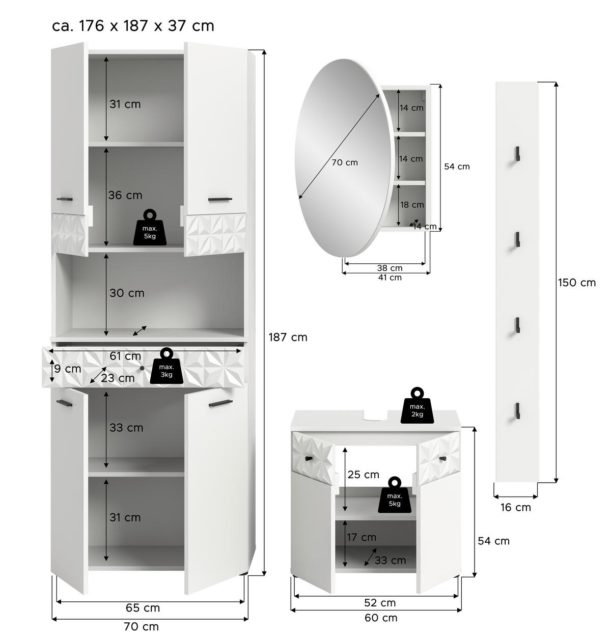 KOPALNICA  bela  - črna/bela, Moderno, kovina/umetna masa (146cm) - MID.YOU