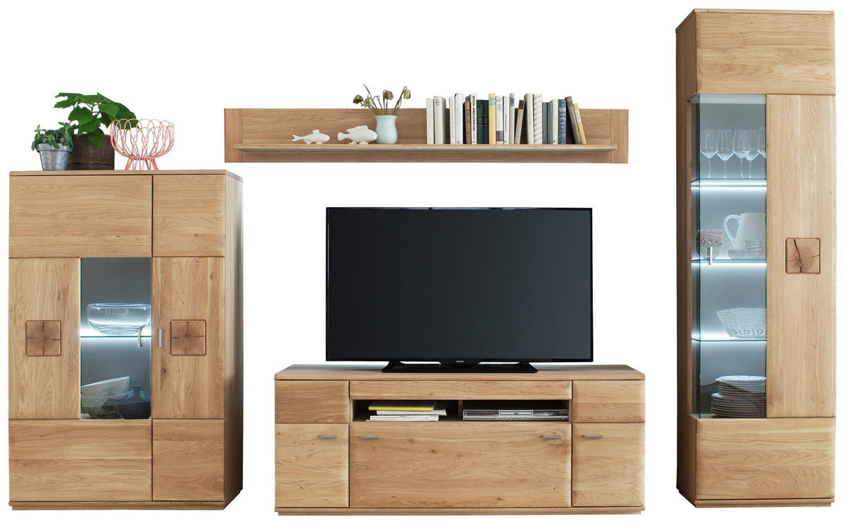 WOHNWAND  in Eichefarben  320/208/50 cm  - Eichefarben/Nickelfarben, Design, Glas/Holz (320/208/50cm) - Livetastic