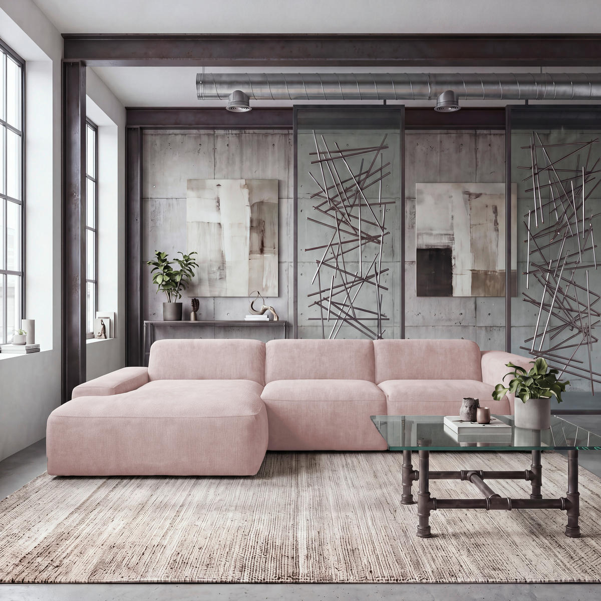 ECKSOFA HANNAH Rosa Cord  - Schwarz/Rosa, Design, Kunststoff/Textil (170/343cm) - MID.YOU